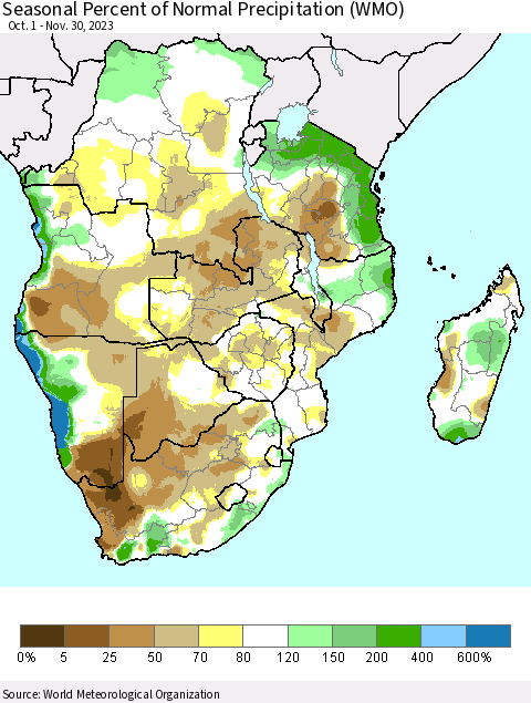 Southern Africa Seasonal Percent of Normal Precipitation (WMO) Thematic Map For 10/1/2023 - 11/30/2023
