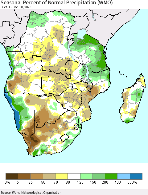 Southern Africa Seasonal Percent of Normal Precipitation (WMO) Thematic Map For 10/1/2023 - 12/10/2023