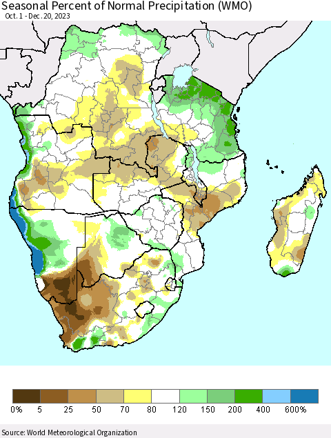 Southern Africa Seasonal Percent of Normal Precipitation (WMO) Thematic Map For 10/1/2023 - 12/20/2023
