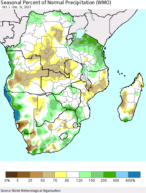 Southern Africa Seasonal Percent of Normal Precipitation (WMO) Thematic Map For 10/1/2023 - 12/31/2023