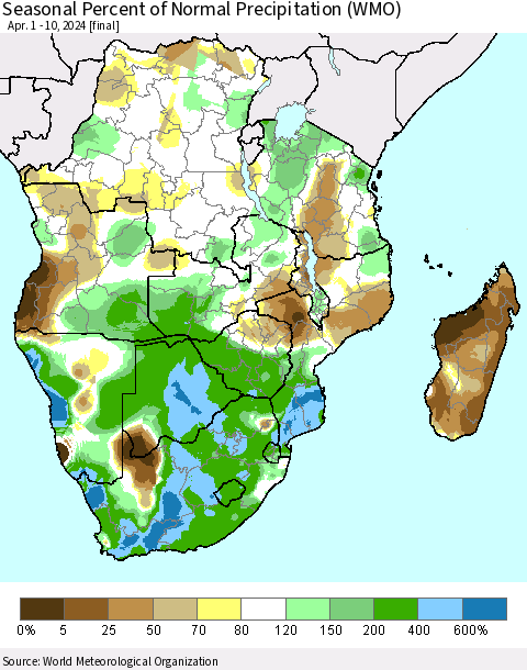 Southern Africa Seasonal Percent of Normal Precipitation (WMO) Thematic Map For 4/1/2024 - 4/10/2024
