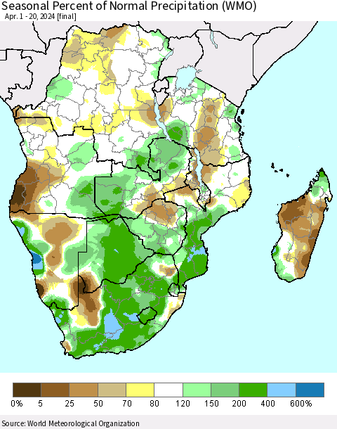 Southern Africa Seasonal Percent of Normal Precipitation (WMO) Thematic Map For 4/1/2024 - 4/20/2024