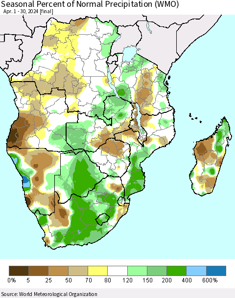 Southern Africa Seasonal Percent of Normal Precipitation (WMO) Thematic Map For 4/1/2024 - 4/30/2024