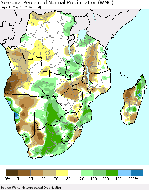 Southern Africa Seasonal Percent of Normal Precipitation (WMO) Thematic Map For 4/1/2024 - 5/10/2024