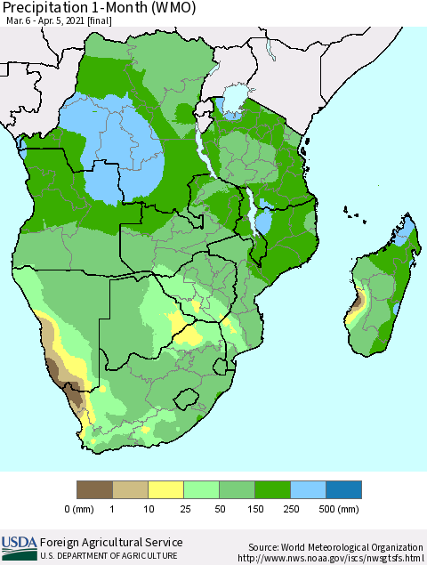Southern Africa Precipitation 1-Month (WMO) Thematic Map For 3/6/2021 - 4/5/2021