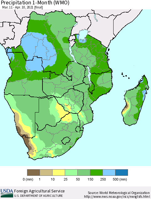 Southern Africa Precipitation 1-Month (WMO) Thematic Map For 3/11/2021 - 4/10/2021