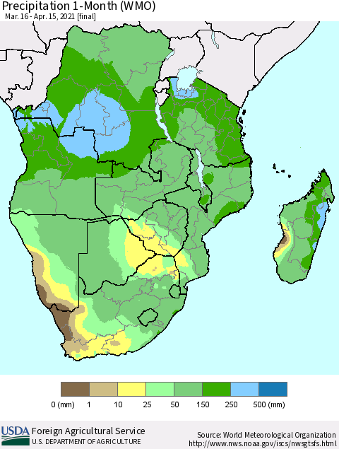 Southern Africa Precipitation 1-Month (WMO) Thematic Map For 3/16/2021 - 4/15/2021