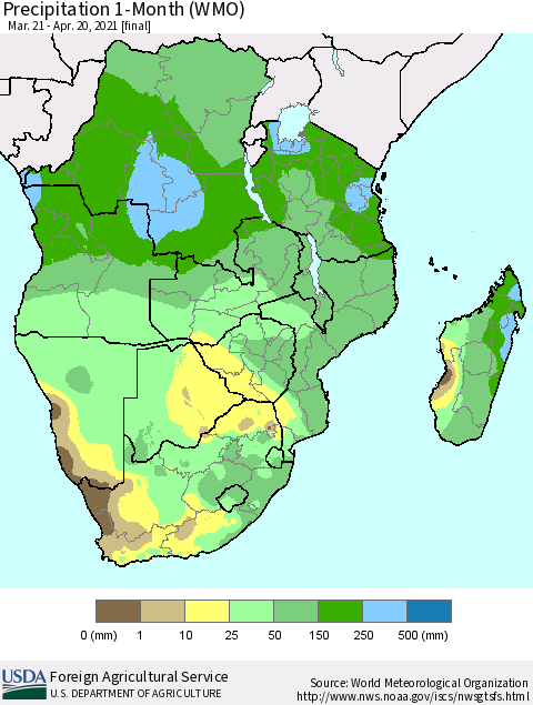 Southern Africa Precipitation 1-Month (WMO) Thematic Map For 3/21/2021 - 4/20/2021