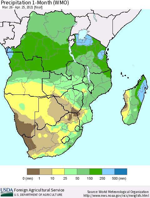 Southern Africa Precipitation 1-Month (WMO) Thematic Map For 3/26/2021 - 4/25/2021