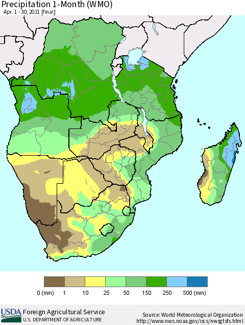 Southern Africa Precipitation 1-Month (WMO) Thematic Map For 4/1/2021 - 4/30/2021