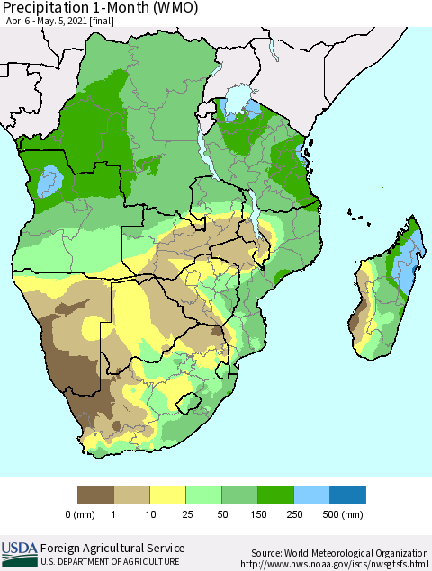 Southern Africa Precipitation 1-Month (WMO) Thematic Map For 4/6/2021 - 5/5/2021