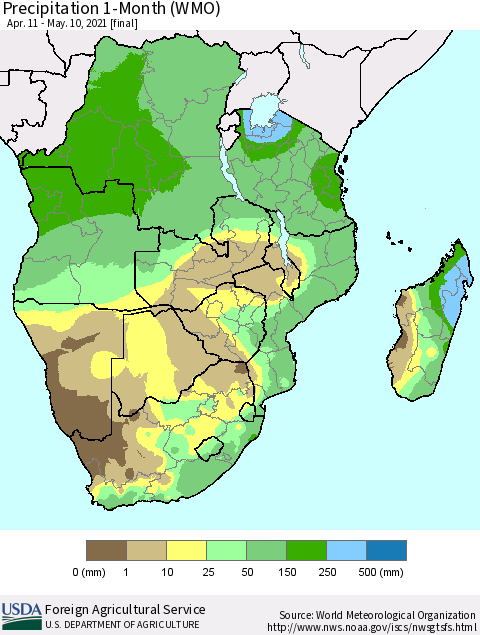 Southern Africa Precipitation 1-Month (WMO) Thematic Map For 4/11/2021 - 5/10/2021