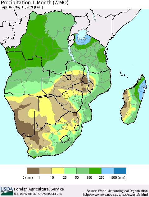 Southern Africa Precipitation 1-Month (WMO) Thematic Map For 4/16/2021 - 5/15/2021