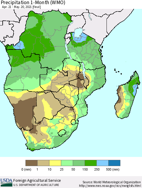 Southern Africa Precipitation 1-Month (WMO) Thematic Map For 4/21/2021 - 5/20/2021