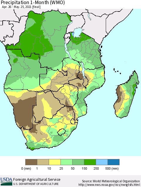 Southern Africa Precipitation 1-Month (WMO) Thematic Map For 4/26/2021 - 5/25/2021