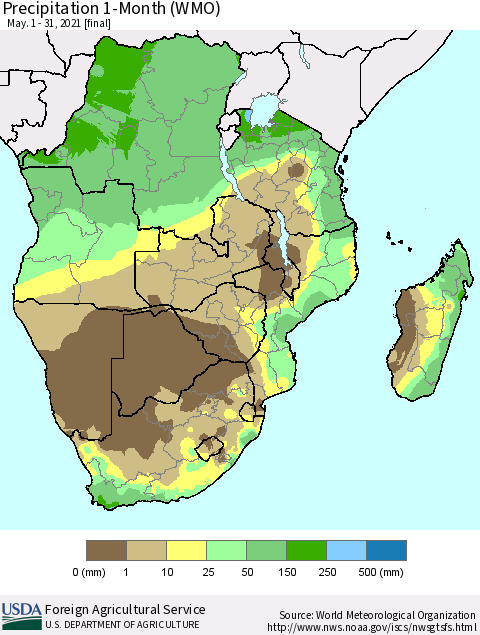 Southern Africa Precipitation 1-Month (WMO) Thematic Map For 5/1/2021 - 5/31/2021
