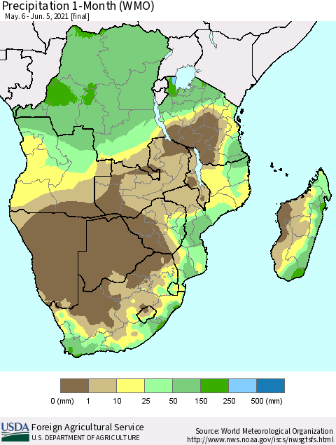 Southern Africa Precipitation 1-Month (WMO) Thematic Map For 5/6/2021 - 6/5/2021