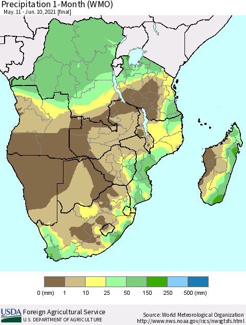 Southern Africa Precipitation 1-Month (WMO) Thematic Map For 5/11/2021 - 6/10/2021