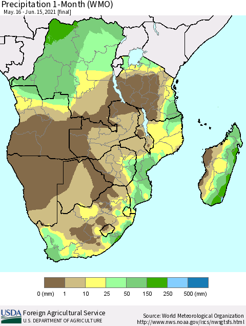 Southern Africa Precipitation 1-Month (WMO) Thematic Map For 5/16/2021 - 6/15/2021