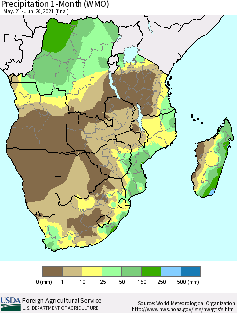 Southern Africa Precipitation 1-Month (WMO) Thematic Map For 5/21/2021 - 6/20/2021