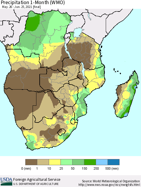 Southern Africa Precipitation 1-Month (WMO) Thematic Map For 5/26/2021 - 6/25/2021