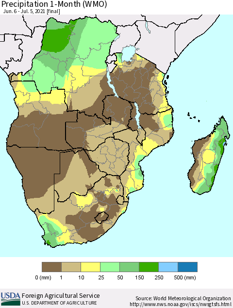 Southern Africa Precipitation 1-Month (WMO) Thematic Map For 6/6/2021 - 7/5/2021