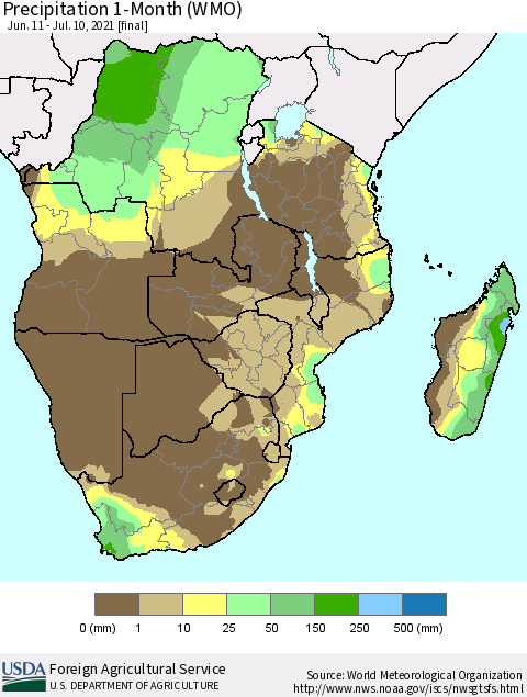 Southern Africa Precipitation 1-Month (WMO) Thematic Map For 6/11/2021 - 7/10/2021