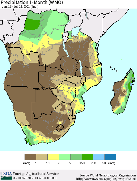 Southern Africa Precipitation 1-Month (WMO) Thematic Map For 6/16/2021 - 7/15/2021