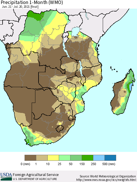 Southern Africa Precipitation 1-Month (WMO) Thematic Map For 6/21/2021 - 7/20/2021