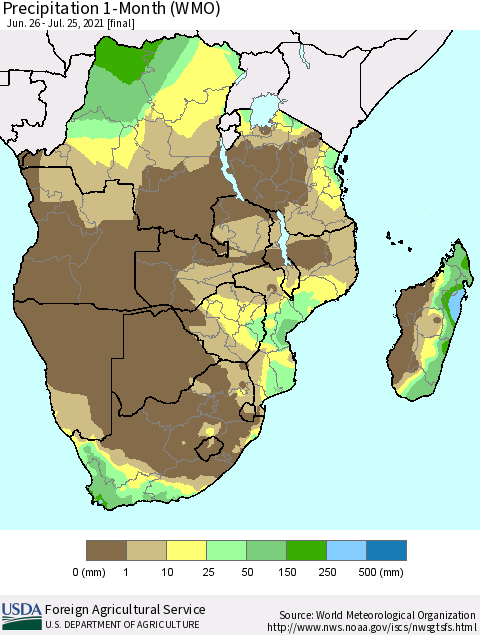 Southern Africa Precipitation 1-Month (WMO) Thematic Map For 6/26/2021 - 7/25/2021