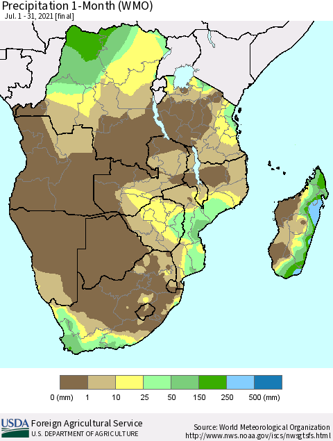Southern Africa Precipitation 1-Month (WMO) Thematic Map For 7/1/2021 - 7/31/2021