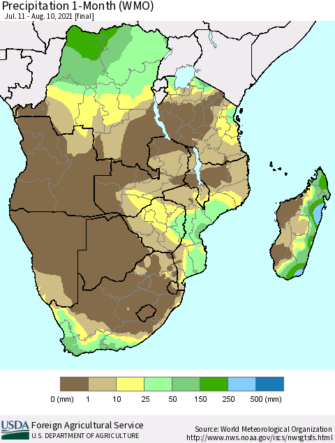 Southern Africa Precipitation 1-Month (WMO) Thematic Map For 7/11/2021 - 8/10/2021