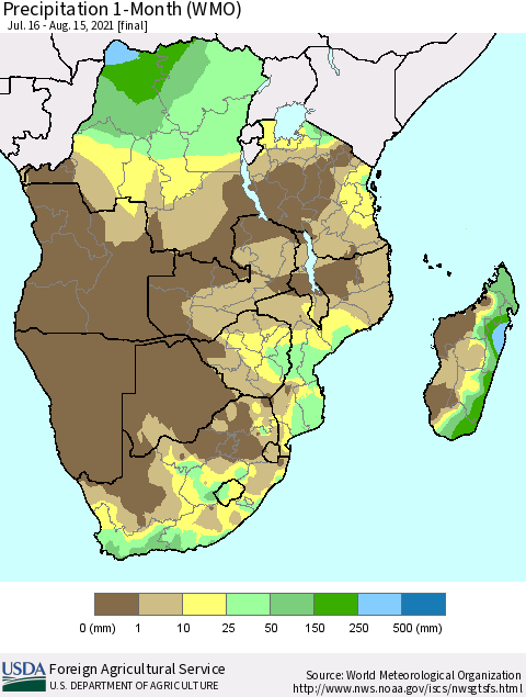 Southern Africa Precipitation 1-Month (WMO) Thematic Map For 7/16/2021 - 8/15/2021