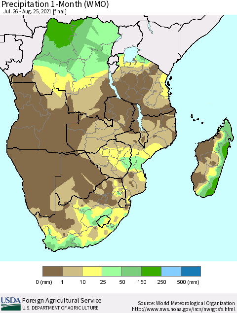 Southern Africa Precipitation 1-Month (WMO) Thematic Map For 7/26/2021 - 8/25/2021