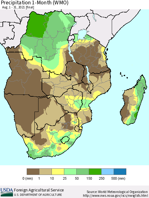 Southern Africa Precipitation 1-Month (WMO) Thematic Map For 8/1/2021 - 8/31/2021