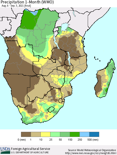 Southern Africa Precipitation 1-Month (WMO) Thematic Map For 8/6/2021 - 9/5/2021