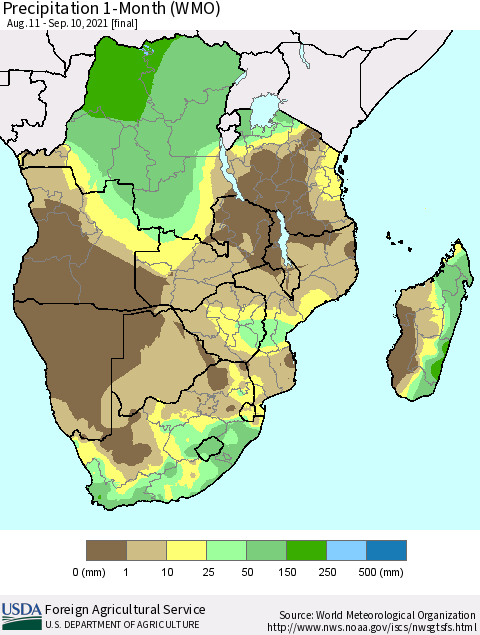 Southern Africa Precipitation 1-Month (WMO) Thematic Map For 8/11/2021 - 9/10/2021