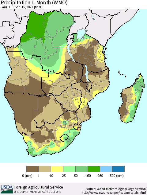 Southern Africa Precipitation 1-Month (WMO) Thematic Map For 8/16/2021 - 9/15/2021