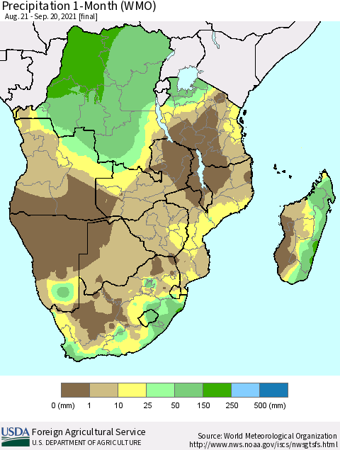 Southern Africa Precipitation 1-Month (WMO) Thematic Map For 8/21/2021 - 9/20/2021