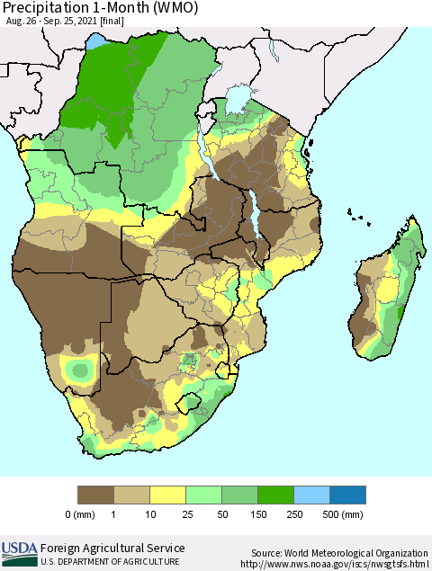 Southern Africa Precipitation 1-Month (WMO) Thematic Map For 8/26/2021 - 9/25/2021