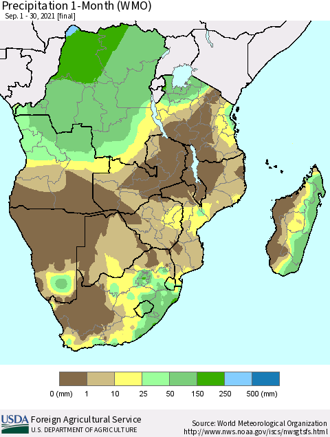 Southern Africa Precipitation 1-Month (WMO) Thematic Map For 9/1/2021 - 9/30/2021