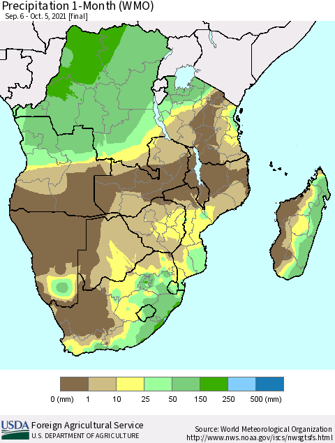 Southern Africa Precipitation 1-Month (WMO) Thematic Map For 9/6/2021 - 10/5/2021