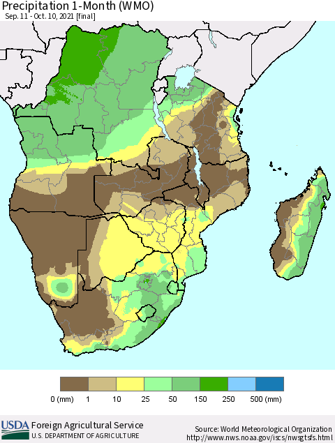 Southern Africa Precipitation 1-Month (WMO) Thematic Map For 9/11/2021 - 10/10/2021