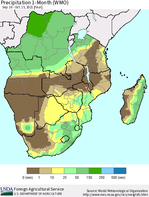 Southern Africa Precipitation 1-Month (WMO) Thematic Map For 9/16/2021 - 10/15/2021