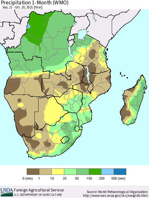 Southern Africa Precipitation 1-Month (WMO) Thematic Map For 9/21/2021 - 10/20/2021