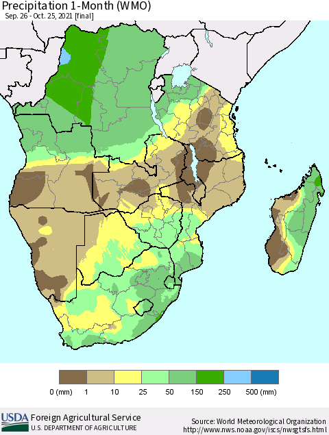 Southern Africa Precipitation 1-Month (WMO) Thematic Map For 9/26/2021 - 10/25/2021