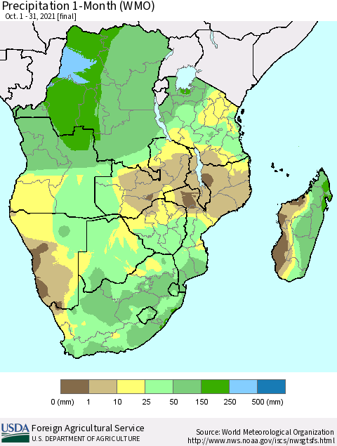 Southern Africa Precipitation 1-Month (WMO) Thematic Map For 10/1/2021 - 10/31/2021