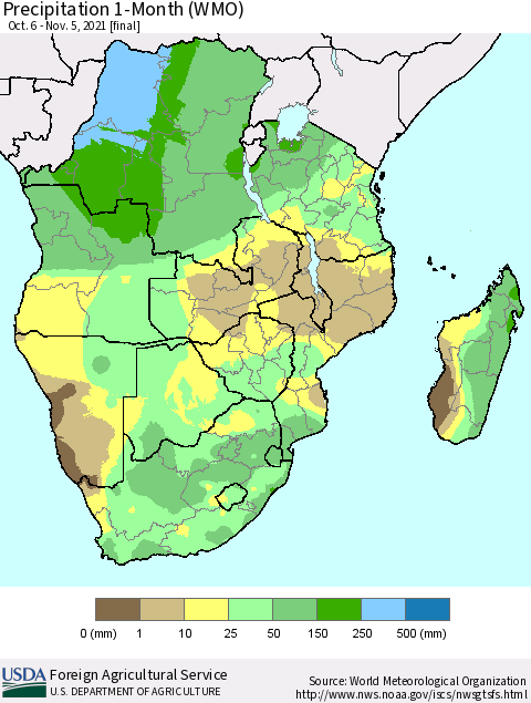 Southern Africa Precipitation 1-Month (WMO) Thematic Map For 10/6/2021 - 11/5/2021