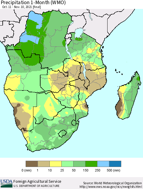 Southern Africa Precipitation 1-Month (WMO) Thematic Map For 10/11/2021 - 11/10/2021