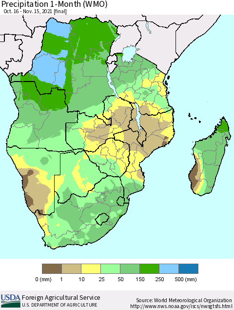 Southern Africa Precipitation 1-Month (WMO) Thematic Map For 10/16/2021 - 11/15/2021